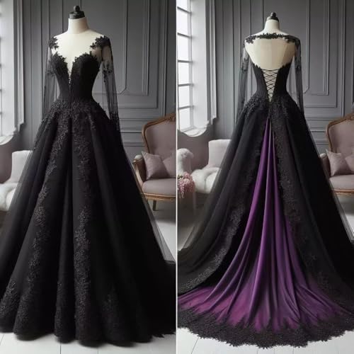 TRHTX A-line Lace Gothic Wedding Dresses for Bride Long Sleeve Black Bridal Gowns Applique V Neck Wedding Gowns with Train3