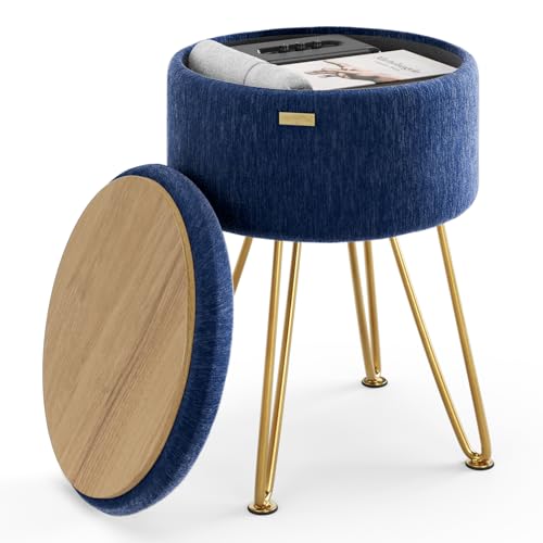 STORAGEBUD Round Ottoman with Storage, Textured Velvet Storage Ottoman, Foot Stool Ottomans, Makeup Vanity Stool, Small Ottomans Foot Rest, Modern Vanity Stools for Living Room and Bedroom, Blue