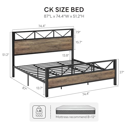 Image of LIKIMIO California King Bed Frame, Tall Industrial Headboard 51.1 inch, Platform Bed Frame with Strong Metal Support, Solid and Stable, Noise Free, No Box Spring Needed, Easy Assembly, Rustic Maple