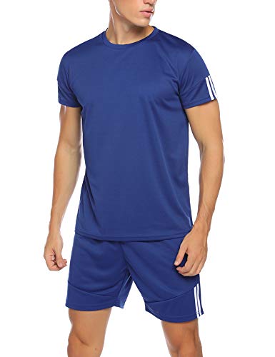 Hawtion Men's Sport Active Tracksuit Short Sleeve Striped Running Jogging Outfit Set Blue