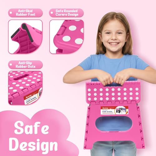 Image of ACSTEP Folding Step Stool 11 Inch, Sturdy Plastic Foldable Step Stool for Kids & Adults, Non Slip Lightweight Collapsible Foot Stools Holds 300 lbs, Ideal for Kitchen, Bathroom, Bedroom, Rose red