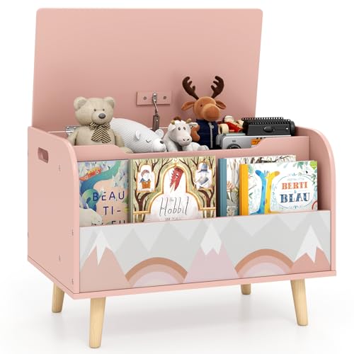 COSTWAY Coffre à Jouet Enfant avec Couvercle Rabattable et Bibliothèque Frontale, Coffre de Rangement Enfant avec 4 Pieds en Pin, Charnière de Sécurité,...