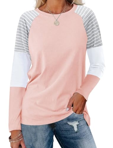 Minetom Women'S Color Block Tunic Tops Striped Long Sleeve Shirts Casual Round Neck Pullover B Pink cover
