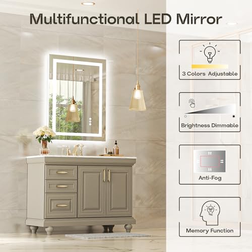 USHOWER LED Bathroom Mirror 24x32 Inch Tempered Glass - Frameless LED Backlit Lighted Mirror for Bathroom Vanity with Anti-Fog, 3 Colors Dimmable, Memory Function, Wall-Mounted - Image 3
