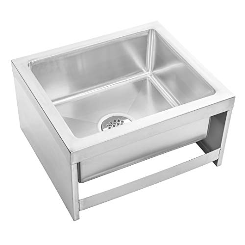 Image of DuraSteel 19x22x12 Commercial Floor Mop Sink - NSF Certified 304 Stainless Steel Utility Room Service Basin with Leak Proof Flat Drain - Large Tub for Dog Washing, Filling Water Bucket, Cleanup