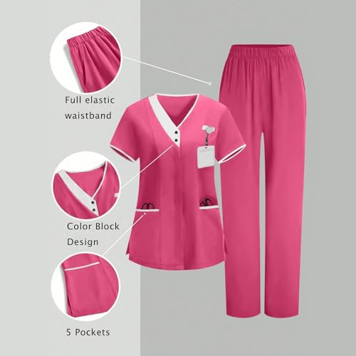 Image of 2026 Scrub for Cleaning Jobs Uniform, Multi Pockets Scrubs for Women Sets, V-Neck Top & Straight Leg Pants Scrubs Set