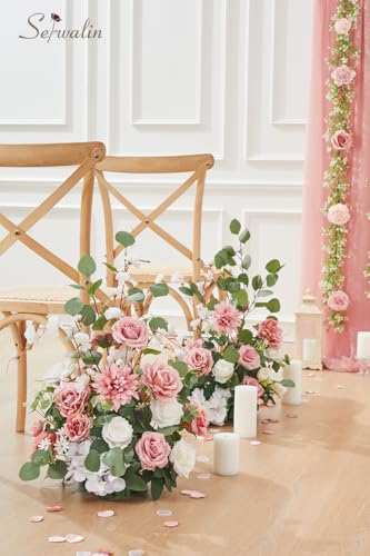 Serwalin Aisle Runner Flowers Arrangement Wedding Chair Decorations 2pcs Free Standing Artificial Fake Flowers Pink Ceremony Reception Church Pew Rose Floral Party Outdoor Decor