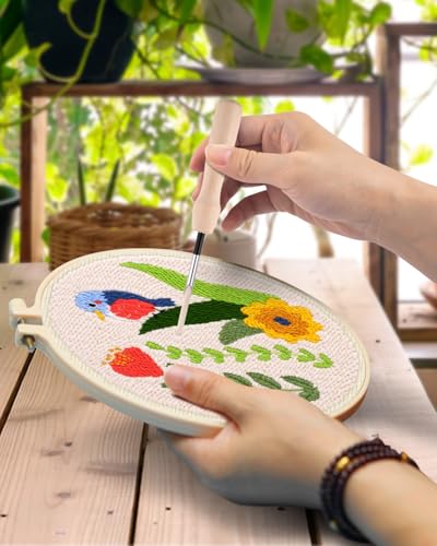 Image of TINDTOP Punch Needle Kits, Flowers Punch Embroidery Kits for Adults | 3 Sets , Tool with Punch Needle Fabric, Hoops, Yarns and Sewing Needles
