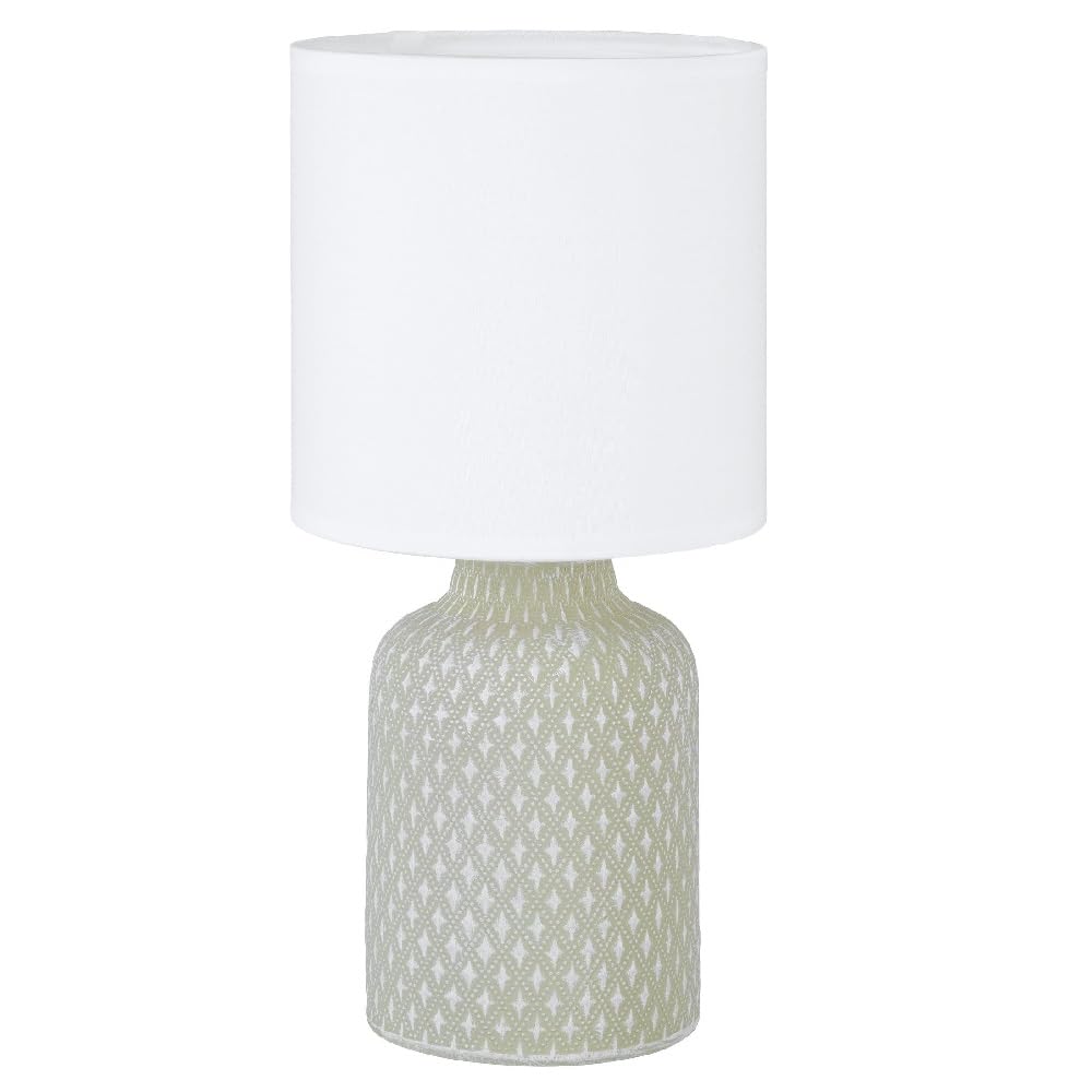 Britalia Grey Ceramic Vintage Geometric Boho Urn Base Table Desk Lamp With White Fabric Cylinder Drum Shade | 32Cm Height | 1 X E14 Lamp Bulb Required | Inline Switch | Modern Influence