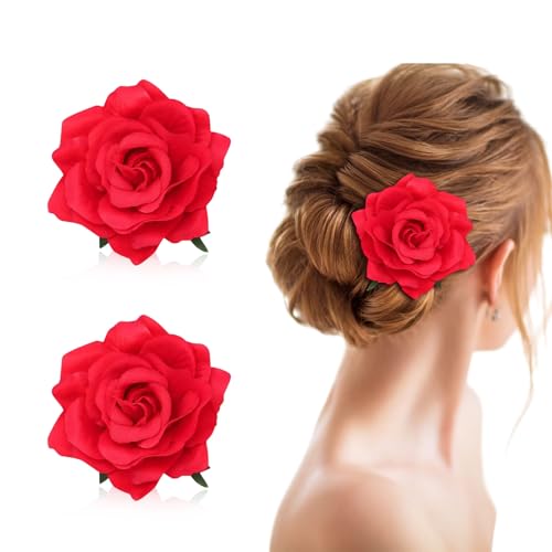 FUIPVGI 2 Stück Haarschmuck Blumen Große Blumen Haarklammer, Rose Blume Haarnadel Haarspangen Blume Ansteckblume für Mädchen Frauen Party Halloween Karneval Maskerade Hochzeit (Rot)