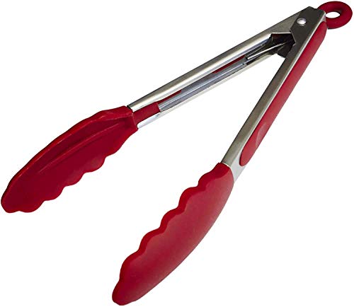 StarPack Basics Silicone Kitchen Tongs 9-Inch - Stainless Steel with Non-Stick Silicone Tips High Heat Resistant to 480°F For Cooking Serving Grill BBQ Salad Cherry Red