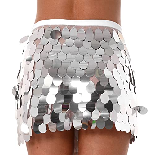 Nicute Women's Sequin Belly Skirt Sparkly Dance Skirt Tassel Hip Scarf Skirt Rave Party Skirt Costume For Women And Girls (Silver) #TOP5