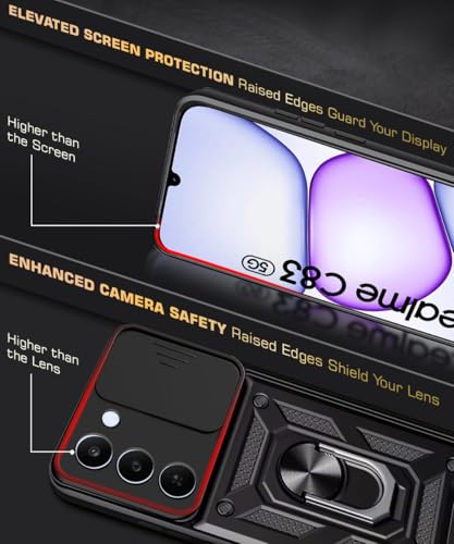 Image of WOW IMAGINE Tough Armor Bumper Mobile Back Case for Realme C83 5G | Realme Narzo 100 Lite 5G | Realme P4 Lite 5G | Sliding Camera Cover | Hybrid PC + TPU | Ring Holder with Kickstand - Black
