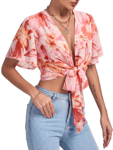 Image of LYANER Women's Tie Front Sexy Crop Tops | Wrap Deep V Neck Ruffle Bell Short Sleeve Y2k Cropped Blouse Shirts
