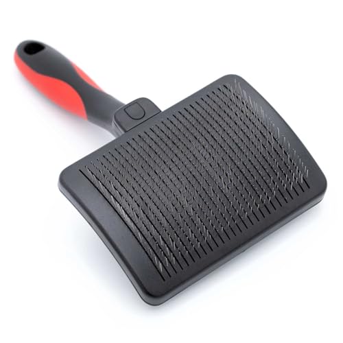 Image of Jeffers Pet Self-Cleaning Slicker Brush for Dogs & Cats - Self Cleaning Button, Removes Tangles & Loose Hair, Non Slip Handle for Easy Grooming, Go To Gift for Pet Owners - Black, Red - Large