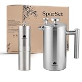 Groenenberg Spar Set 5 | French Press Thermo (3 Größen) + Edelstahl Kaffeemühle manuell | Handkaffeemühle | Kaffeepresse inkl. Ersatzfiltern (600 ml French Press)