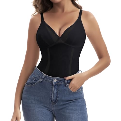 Image of Joyshaper Women V Neck Vest Top Tummy Control Camisole Shapewear Mesh Body Shaper Waist Trainer Strappy Vest Singlet Undershirt, Black, XL