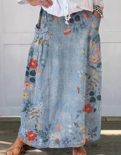 loveimgs Women Floral A-Line Long Denim Maxi Skirt Casual High Waist Asymmetrical Baggy Jean Skirt Pleated Pockets2