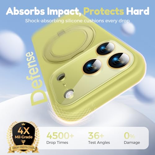 Image of Silicone 360 Spin Magnetic Stand Case for iPhone 17 Pro Max, [Compatible with Mag-Safe][Reinforced Hard Camera Protection] Liquid Silicone Rubber Phone Cover with Ring, Camera Button, Butter Yellow