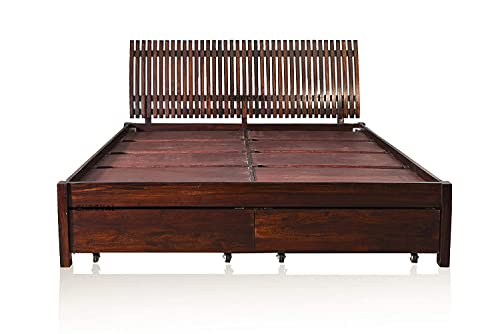 Image of Sheesham Wood Queen Size Bed with Storage for Bedroom Living Room Home Hotel Wooden Double Bed Cot Palang Furniture (Dark Brown Finish)| 1 Year Warranty