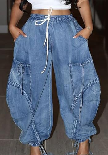 Women's Baggy Jeans Wide Leg Denim Pants Drawstring Bow Tie Joggers Trousers with Pockets Sweatpants3