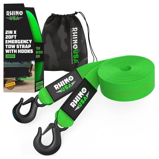Rhino USA Tow Strap with Hooks (2 Inch x 20 Foot) Lab Inspected 10,321lbs Break Strength - Heavy Duty Emergency Towing Straps with Forged Steel Hooks for Roadside Recovery - Not for OffRoad Recoveries