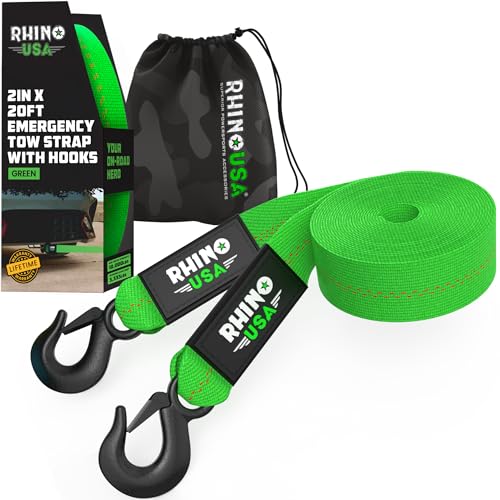 Rhino USA Tow Strap with Hooks (2 Inch x 20 Foot) Lab Inspected 10,321lbs Break Strength - Heavy Duty Emergency Towing Straps with Forged Steel Hooks for Roadside Recovery - Not for OffRoad Recoveries