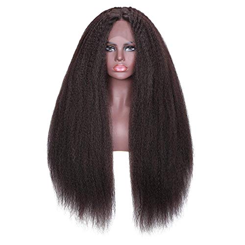 Buladou Hair Kinkys Straight Synthetic Hair Wigs 26 Inch Lace Front Heat Resistant Wigs for Black Women Long High Temperature Wig with 5” Deep Parting Space (brown)