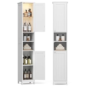 VASAGLE Tall Storage Cabinet with Lights, Slim Freestanding Cabinet with Adjustable Shelves, for Small Spaces, Bathroom, Living Room, Modern, 11.8 Inches Wide, Cloud White UBBC566W02