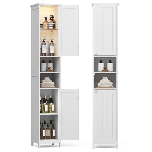 VASAGLE Tall Storage Cabinet with Lights, Slim Freestanding Cabinet with Adjustable Shelves, for Small Spaces, Bathroom, Living Room, Modern, 11.8 Inches Wide, Cloud White UBBC566W02 11.8"W