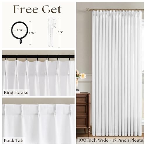 Image of Extra Wide 102 Inch Long Curtains 100 Inch Wide Pinch Pleat White 1 Panel | Textured Linen, for Living Room Bedroom, Light Filtering, Privacy, Pleated Drapes, Hooks Rings, Back Tab, Sliding Door