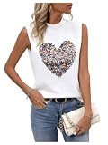 OYOANGLE Women's Sequin Sparkly Heart Print Top Mock Neck Sleeveless Fashionable Casual Trendy Shirt Tops White Medium