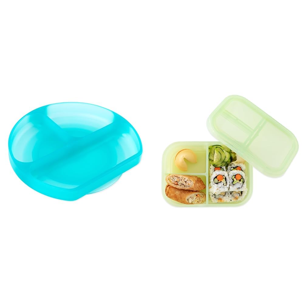 Bumkins Toddler and Kids Suction Plate with Sections, Silicone Divided Grip Dish and Bento Box Container with Leak Proof Lid for Lunch, Snacks, Microwave and Oven Safe, Children Feeding Supplies