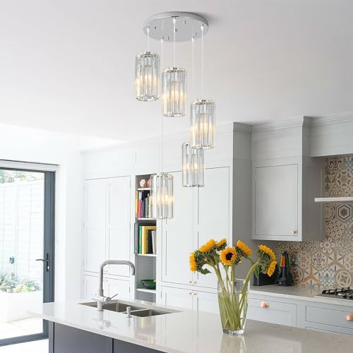 Image of Chrome Pendant Lighting Modern Pendant Light, Mini Crystal Chandeliers,Adjustable Pendant Light Fixture for Kitchen Island Dinning Room Corridor Bedroom(Chrome 5-Light)