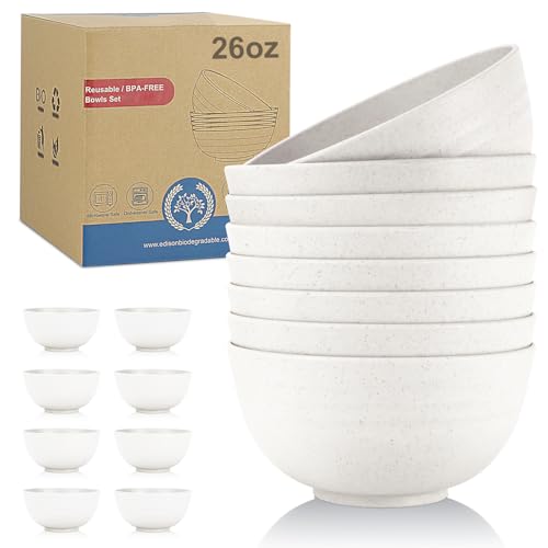 Wrova Kitchen Cereal Bowls Set of 8 - Plastic Bowls Reusable Dinner Bowl 26 OZ Lightweight & Unbreakable Bowl Set Microwave Safe Bowl for Kitchen - White
