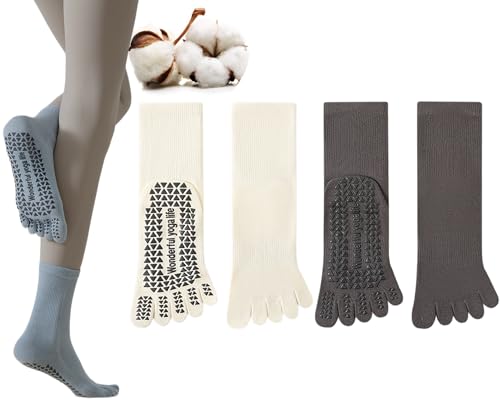 CHUNFO Five-Toe Grip Womens Pilates Socks Crew Yoga Anti-slip Cotton Barre Sock Pure Color Size5-9.5
