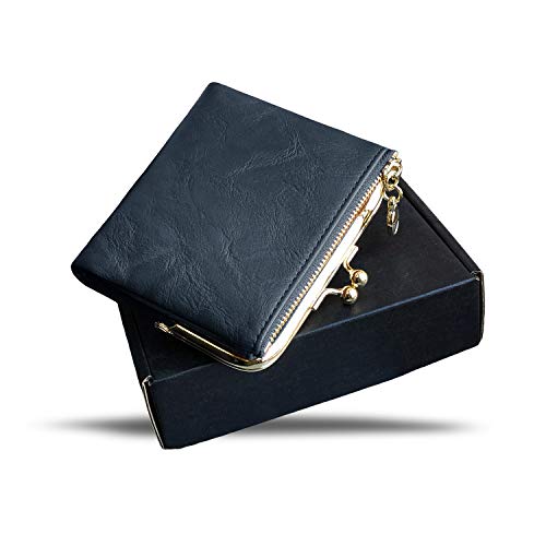 Image of AOXONEL Womens Wallet Small Rfid Ladies Compact Bifold Leather Vintage Coin Purse With Zipper and Kiss Lock, Blue, Small, Rfid Wallet