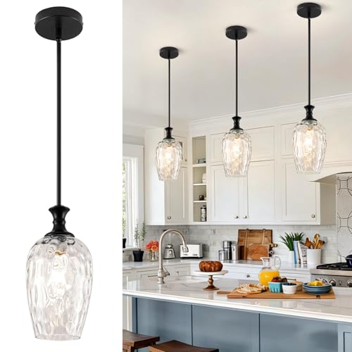 Nsleaiy Glass Pendant Lights Kitchen Island, Modern Black Pendant Lighting Fixtures with Clear Glass Shade, Adjustable Hanging Light for Kitchen Sink, Dining Room & Bathroom (Bulbs Not Included)1 Pack