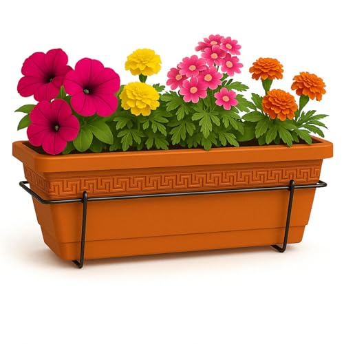 Jardinera de plástico, Balconera de plástico, Macetero para Jardín, Fabricado en Polipropileno, Incluye Soporte, Patio, Interior o Exterior, 60 cm Largo x 16.5 cm Alto x 18 cm Fondo,Terracota