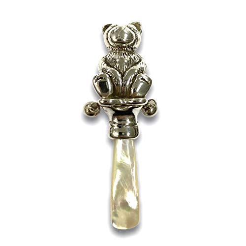 Victorian Style Teddy Bear Baby Rattle with Mother of pearl Handle