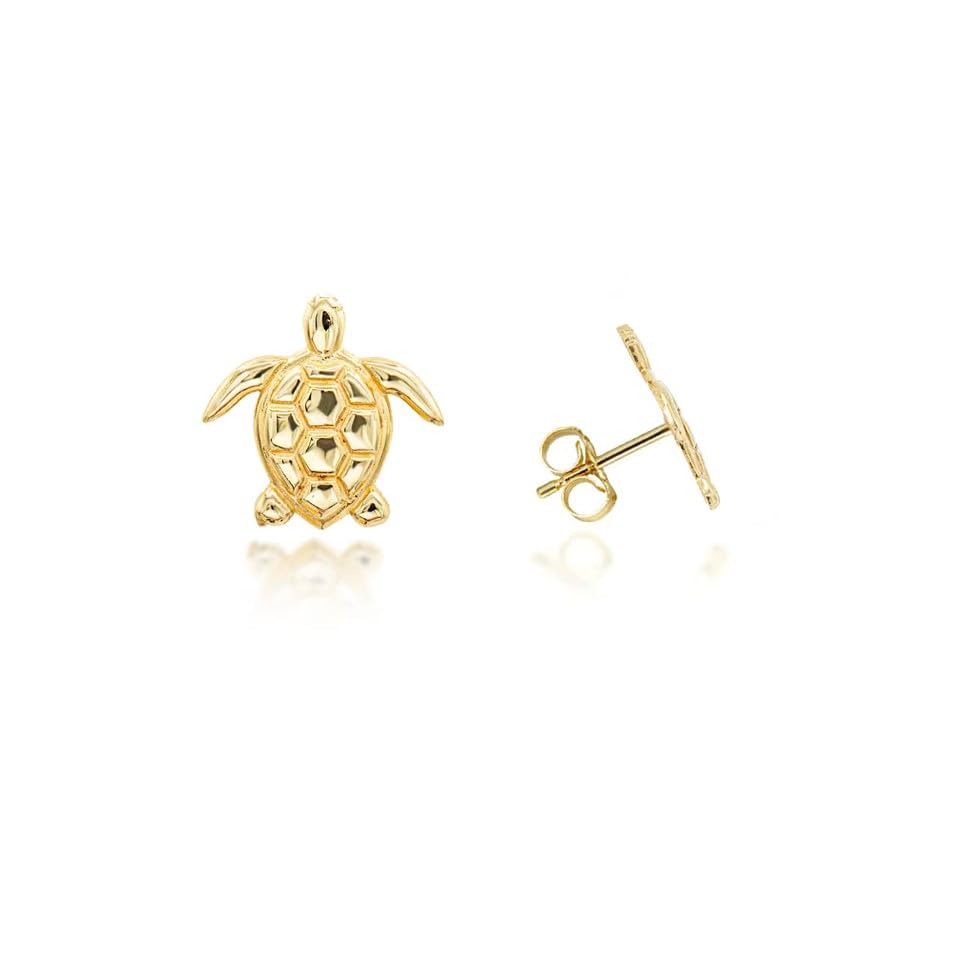 Womens Yellow Gold Sea Turtle Stud Earrings 0.35in x 0.37in