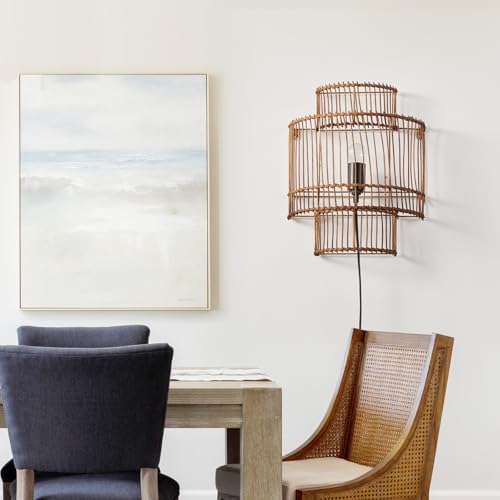 Image of Farmhouse Rattan Wall Sconce, Plug-in Wall Lamp Black Finish with Boho Woven Wicker Shade for Vanity, Stairway, Fireplace, Bedside, Passway, Hallway, Living Room