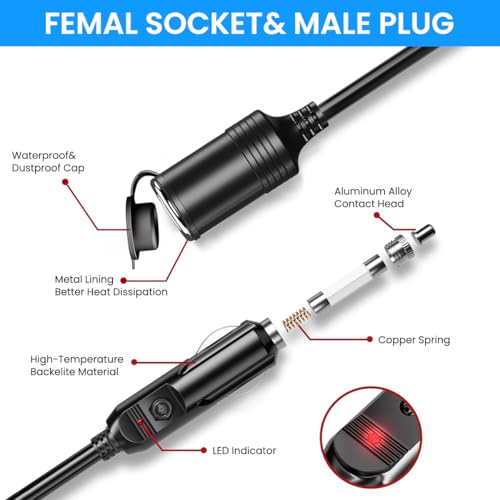 Image of STHIRA13ft Cigarette Lighter Extension Cord, 12V /24V DC Car Lighter Extender Lighter Socket Extension with Cap, Universal Vehicle Car Lighter Extension Cord