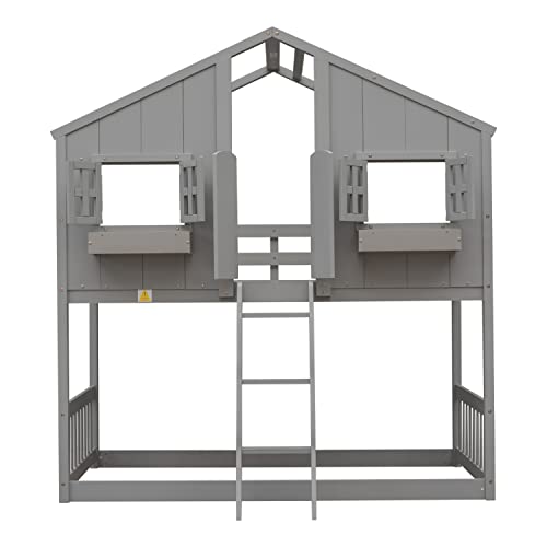 Erye Twin Over Twin House Bunk Bed With Roof,Window, Window Box And Window Door,Twin Size Wooden Bunk Bed With Safety Guardrails And Ladder For Kids Children Teens Boys And Girls,Grey #TOP4