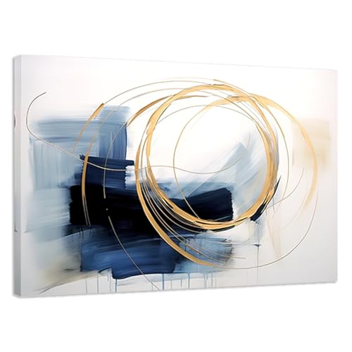 Abstract Canvas Wall Art, Gold Lines and Blue Shapes Painting