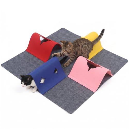 Kufeiper Katzenspielmatte mit Tunnel aus Filz, 90x90cm Interaktives Beschäftigung Katzen Spielmatte, Katzenteppich für Kätzchen Welpen Kleintiere(Dunkelgrau)