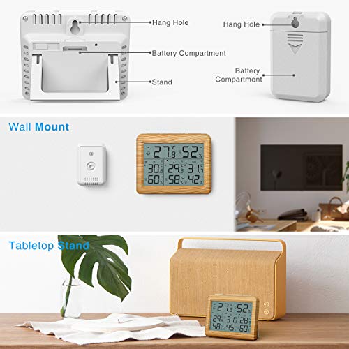 AMIR Indoor Outdoor Thermometer, 3 Channels Digital Hygrometer Thermometer with 3 Sensor, Humidity Monitor Wireless with LCD Display, Room Thermometer and Humidity Gauge for Home(Wooden Yellow)