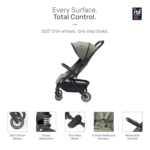 Image of Growgether VELOX Stroller for Baby 0-3 Years (Up to 22 Kg), Travel Ready Size 5 Point Safety Harness, Full Recline, Extended UPF 50+ Canopy, 360 Swivel Wheels, Compact One Click Fold, Mosquito Net, 1 Yr Warranty, Green