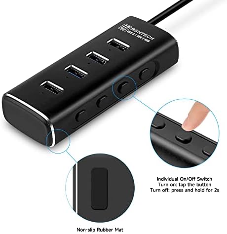 Powered USB 3.1 Hub RSHTECH Aluminum 4-port USB 3.1/3.2 Gen2 Hub 10Gbps USB Splitter with 3.2ft/100cm Long Cable, 5V/2A Power Adapter and Individual On/Off Switches (Black, RSH-A104)