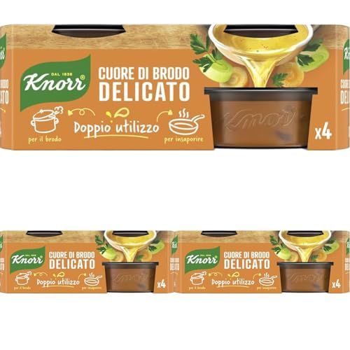 Knorr Cuore di Brodo Delicato, Pronto da Diluire, Con Verdure da Agricoltura Sostenibile, Senza Glutine, Senza Glutammato*, Senza Conservanti, 4 Vaschette da 28g (Confezione da 3)